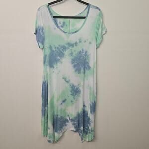 Women's Tie Dye Summer Dress Blue Green Shark Bite Hem Size M  Boho Beach Tunic